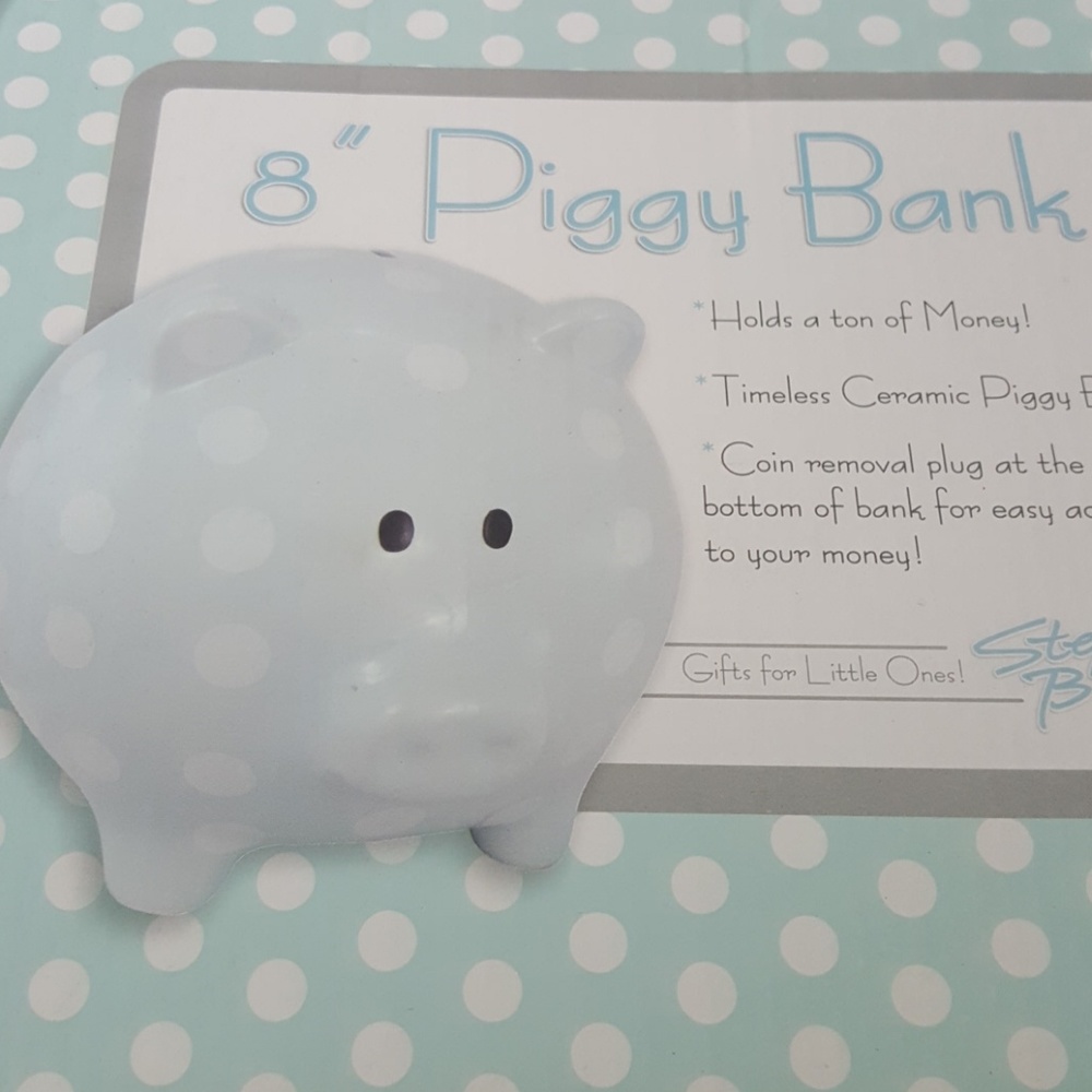 8" Baby Boy Blue Ceramic Polk a dot Piggy Bank